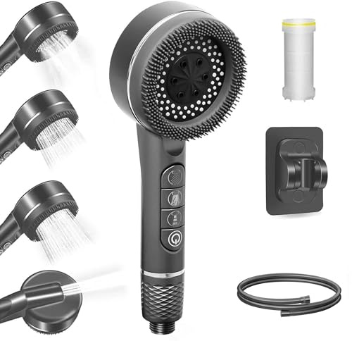 Pommeau De Douche Haute Pression, Pommeau De Douche Anti-Calcaire 4 Types De Jets Pommeau Douche Economie Deau Avec Tuyau Douche 1.5m Et Support De Douche, Avec Bouton D'arrêt D'eau