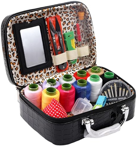 INLANDSIS Kit de costura, juego de 34 agujas de acero inoxidable de ojo grande, kit de herramientas de costura para principiantes en estuche de piel sintética, para coser a mano y proyectos