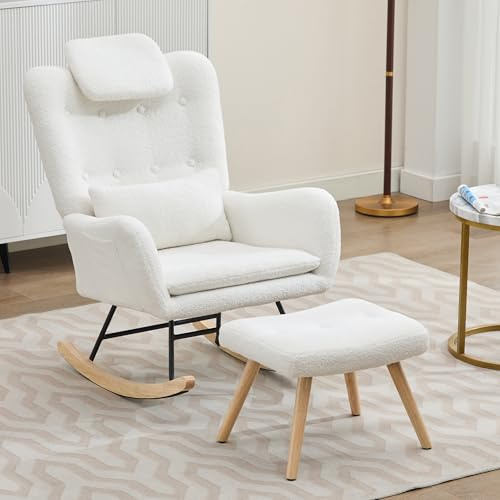 Generisk gungstol med pall av mjukt teddysammet – ergonomisk relaxstol för vardagsrum, sovrum och trädgård – bekväm upp till 100 kg