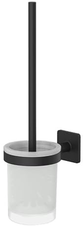 Lenz WC-Bürstengarnitur KOVA Schwarz-matt – Anti-Fingerabdruck Oberfläche | Klobürste, Platzsparende Wandmontage zum Kleben oder Bohren, Satinierter Glasbehälter zur Reinigung herausnehmbar, 4809651