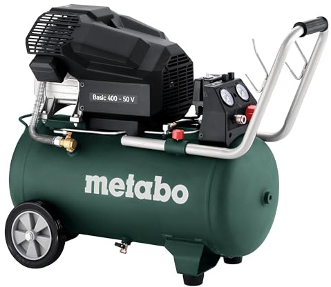 metabo Basic 400-50 V Druckluftkompressor, 10 bar, 50 l Kessel, 2,3 kW | Ölgeschmierter Kolbenkompressor für Werkstatt, 390 l/min Ansaugleistung, mobil & leise, inkl. Universal-Schnellkupplung