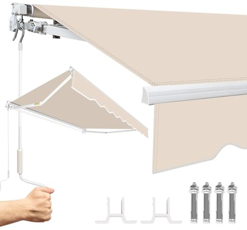Ollewiellan Toldo de 350 x 250 cm con brazo articulado manual, protección solar con manivela, anti UV y resistente al agua, aluminio/poliéster para balcón, terraza, jardín, color beige