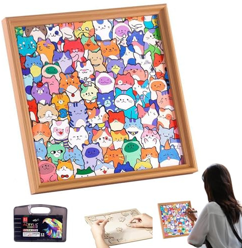 2026 New Wooden Cat Puzzle, Puzzles/Drawing/Assembly All In One, IY Wooden Cat Puzzle Frame with 12 Color Pens, Wooden Colouring Puzzles, DIY Wooden Cat Jigsaw Puzzle for Adults, Kids & Girlfriend