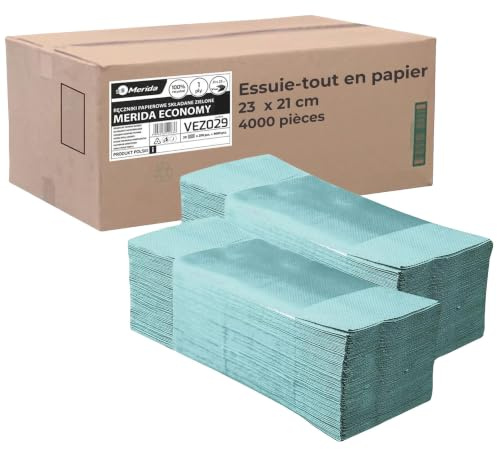 Merida essuie-mains papier pliage V 1 pli 4000 feuilles papier essuie-mains pour distributeur sanitaires toilettes bureau hôtel restauration commerces collectivités usage professionnel ECONOMY vert