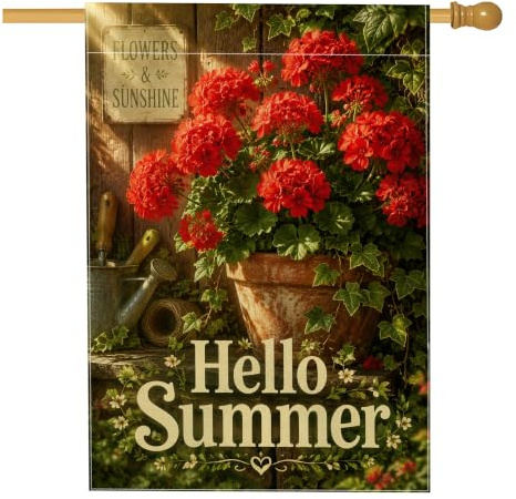 Bandiera della casa dei gerani, annaffiatoio estivo rustico con edera rossa su entrambi i lati, grande bandiera da giardino per esterni, cortile, prato, patio, porta d'ingresso, 71 x 101 cm