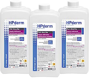 SORIFA - Lot de 3 - HPderm Gel douche HAUTE TOLERANCE - 2 en 1 corps et cheveux - Spécial peaux sensibles, peaux tatouées, cheveux fragilisés - Usage fréquent - pH neutre, sans savon - Flacon 1L