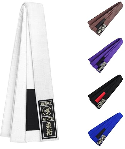 TWISTER FIGHT WEAR Jiu Jitsu BJJ Belt 1.5” Wide for Men Women Adults | Premium Cotton with Woven Patch | 8 Row Stitching | (White, A3)