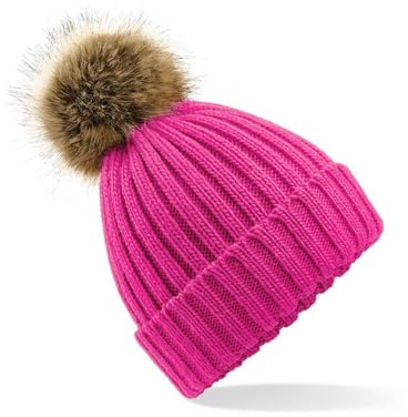Beechfield B412 Faux Fur Pop Pom Chunky Beanie