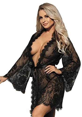 ohyeahlady Damen Kimono Sexy Negligee Spitzen Robe Volant Langarm Transparent Weiter Ärmel Morgenmantel Reizwäsche Nachtwäsche Bademantel Dessous Set mit G-String Gürtel Große Größen(Schwarz,M-L)
