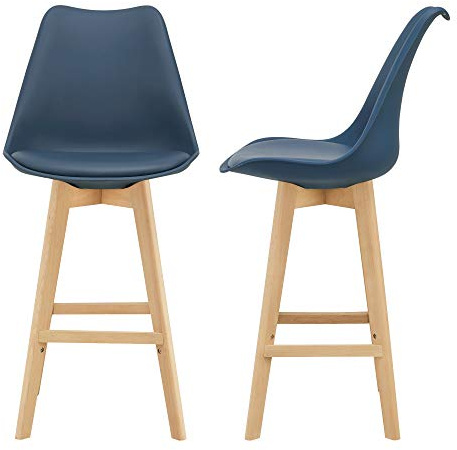 [en.casa] Barhocker 2er Set Barstuhl mit Rückenlehne Bistrohocker mit gepolsterter Sitzfläche Tresenhocker mit Holzgestell Buche-Gestell Blau
