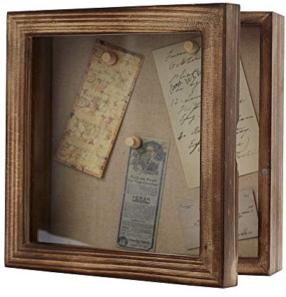 Freezing point Shadow Box Frame 8x8 Shadow Boxes Display Case with Linen Back Memorabilia Awards Medals Bouquet Photos Picture Badge Wedding Memory Box for Keepsakes Carbonized Small Pin Board