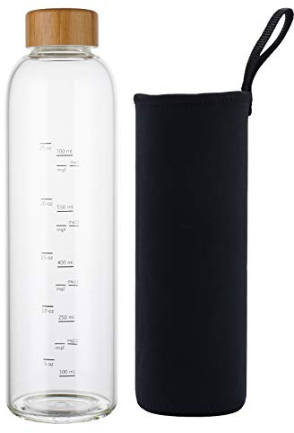 sunkey Borraccia 1 litro in Vetro Borosilicato per Acqua Riutilizzabile con Tappo e Custodia senza Bpa per sport, palestra, viaggi (Nero)