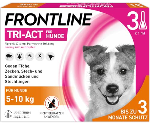 FRONTLINE TRI-ACT Hund S gegen Zecken, Flöhe & Mücken (5 bis 10 kg) | 3x Pipetten für bis zu 3 Monate Schutz - wasserfest - perfekt auf Reisen - beugt Leishmaniose vor - für kleine Hunde