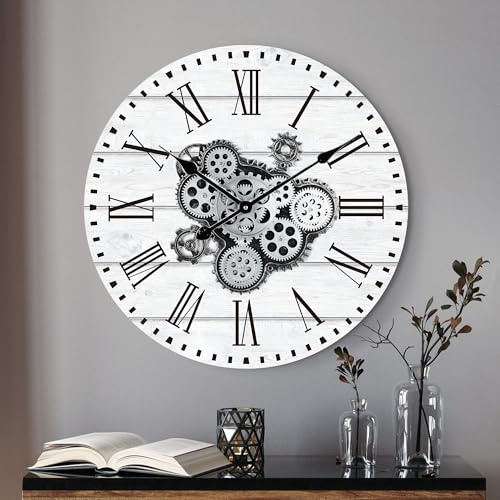 Lafocuse Weiß Wanduhr Große mit Beweglichen Zahnrädern, Industriell Steampunk XXL Wanduhr Holz, Vintage Retro Deko für Küche Wohnzimmer Bar, 57cm