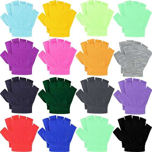 Jecery 15 Pairs Kid Fingerless Gloves Winter Half Finger Mittens Girls Winter Knitted Solid Color Typing Warm Children Gloves for Girls Boys