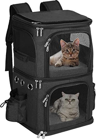 HOVONO Doppel-Fach Haustier Tragetasche Rucksack für kleine Katzen und Hunde, Katzentrage für 2 Katzen, perfekt für Reisen/Wandern/Camping, Schwarz
