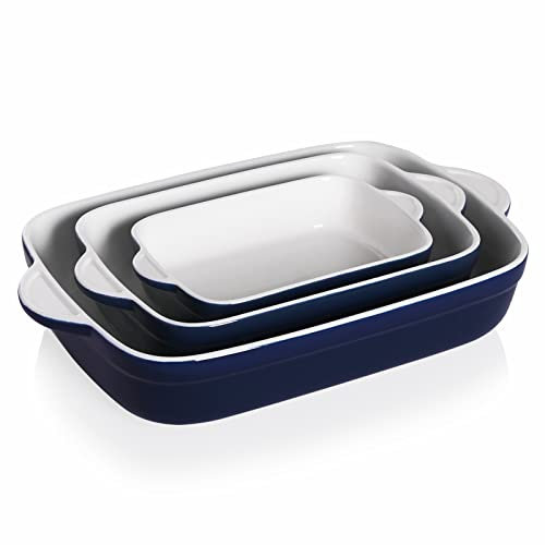 Sweejar Casserole Dishes for Oven, Ceramic Bakeware Set of 3, Lasagna Pan Deep with Handle, Rectangular Baking Pan Set, 9x13 Baking Dish for Cooking, Banquet and Daily Use (Navy)