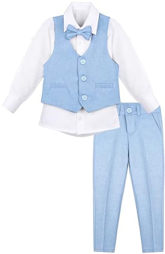Lilax Boys Formal Suit 4 Piece Vest, Pants and Tie Dresswear Suit Set (5T, Light Blue)