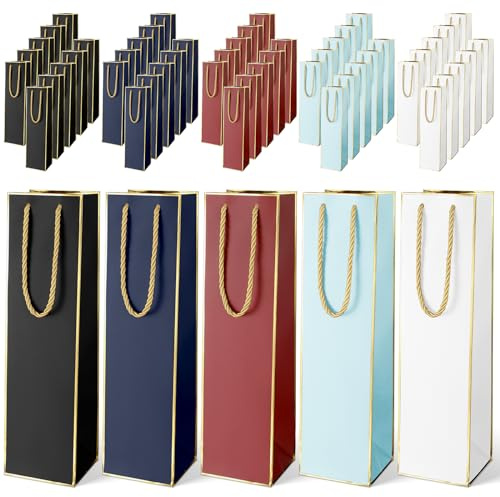 Fumete Weinflaschen-Geschenktüten aus Papier, 35 x 9,4 x 8,9 cm, mit Griffen, für Wertschätzung, Weihnachten, Hochzeit, Jahrestag, Geburtstag, Party, Retro-Farben, 50 Stück