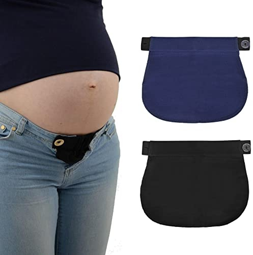 Tolenre 2 Pièces Extenseur Pantalon Ajustables pour Femmes Enceintes Extensions de Bouton Pantalon élastique de Maternité Extension de Ceinture Réglable pour Hommes Jeans Pantalons (Bleu foncé+Noir)