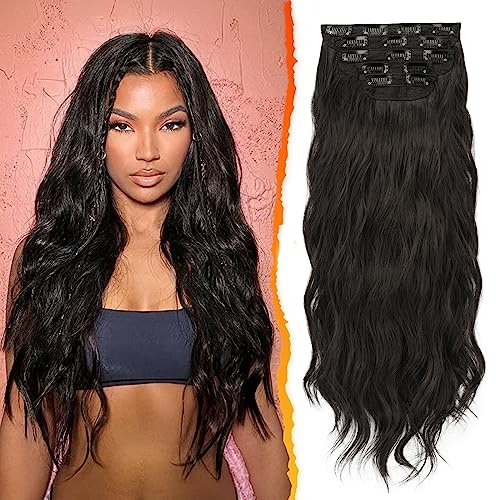 BARSDAR Clip in Extensions, 5 PCS Lange Wellige Clip in Haarverlängerungen Dickes Natürliches Weiches Synthetisches Haarteil Für Frauen Mädchen -45 cm, Dunkelstes Braun