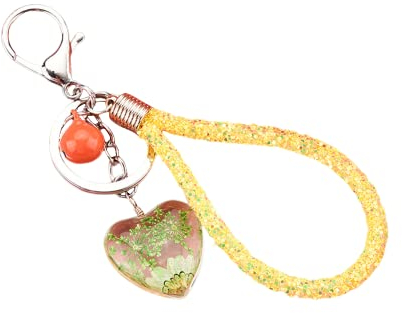 ZDHC Porte-clés en forme d'arbre de vie en forme de cœur avec fleur séchée pressée transparente avec clochette pour femme et fille, jaune citron, taille unique