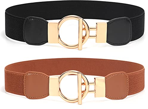 WHIPPY 2er-Pack elastischer Taillengürtel für Damen Vintage Hüftgürtel dehnbarer Kleider Gürtel Breite 4cm，schwarz/braun 90cm