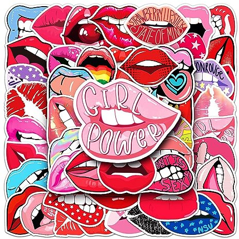 AUCEKO 50PCS Lip Stickers, Thick Lips Stickers, Vinyl, Cartoon, Glitter, Waterproof, Outdoor, Skateboard, Guitar, Laptop, Luggage, Car, Bike, Water Bottle, Birthday Party Supplies