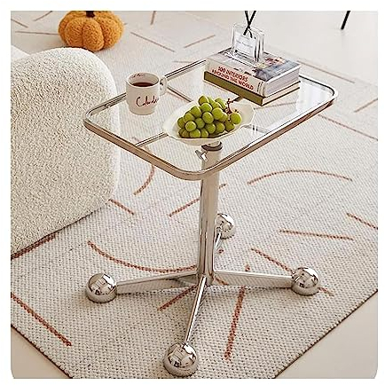 POCHY Beistelltische Couchtisch, quadratischer Beistelltisch aus Glas, Sofatisch, Mitteltisch, höhenverstellbarer Kleiner mobiler Snacktisch auf Rollen, Beistelltisch Praktisch schön