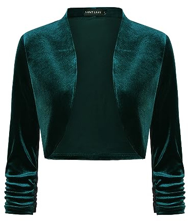 MINTLIMIT Women's Ruched 3/4 Sleeve Velvet Shrug for Dresses Cocktail Party Open Front Cropped Bolero Cardigans Top (Dark Green - Size M)