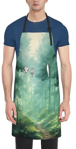OPSREY Grüne Schürze mit Ölgemälde, Walddruck, Lätzchen mit 2 Taschen, wasserdichte Schürzen für Küche, Malerei, Gartenarbeit, Schwarz , One size
