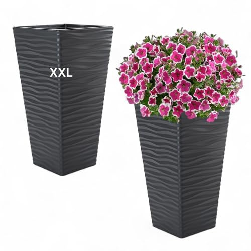 MELTOM Blumenkübel Blumentopf Quadratisch Pflanzgefäß mit Herausnehmbaren Einsatz 3D Welleneffekt Elegant (Anthrazit, XXL)