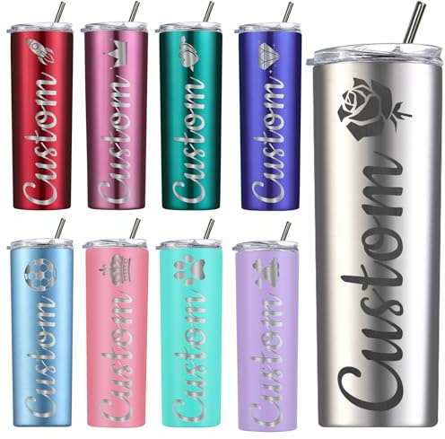 Amlion Personalisierter Becher – mit Lasergravur des Namens, 20 oz Edelstahlbecher, schmale Becher mit Deckel und Strohhalm als Geschenk für Frauen und Männer – 13 Farben und 42 Symbole