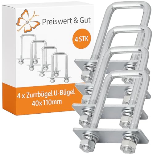 4 STK Zurrbügel verzinkt 40 x 110 mm M10 für Anhänger mit Gegenplatten | Eckige U-Bügel mit Bügelschraube, Muttern, Unterlegscheiben und Gegenplatten als stabile Zurrösen für Anhänger.