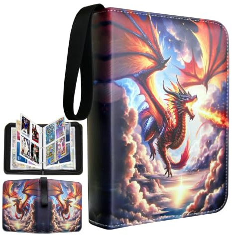Fweel Trading Card Binder, 4-Pocket Card Album Holds 400 Cards, PU Leather Zippered Card Organizer with Wrist Strap, Portable TCG Sports Game Card Storage Case（Fire Dragon）