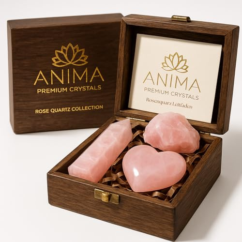 Anima® Rosenquarz-Kristallset für Liebe, Selbstfürsorge und Nähe | Elegante Holz-Geschenkbox mit Rosenquarz-Turm, Rohkristall und geschnitztem Herz sowie ausführlichem Ratgeber
