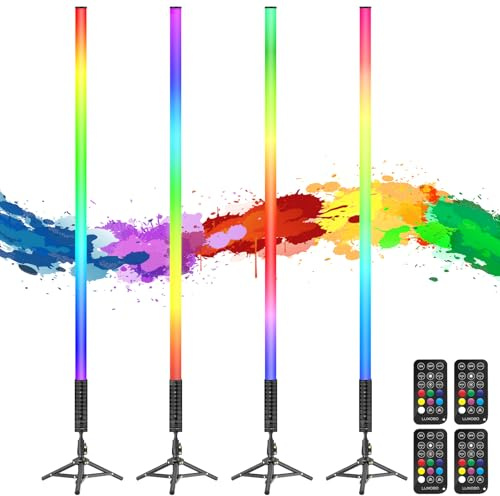 4 stycken LED-video-ljusstav 120 cm med utdragbart stativ, LED-handhållen fotografering, dimbar och minne, inbyggt batteri 5 000 mAh, fjärrkontroll, RGB-fotolampa för spel, fotobelysning