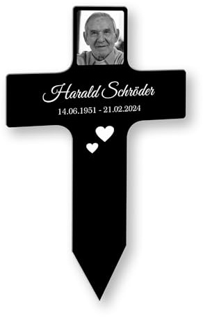 INDIGOS UG - Grabschmuck - 50 cm - Kreuz - wetterfester Gedenkpfahl als Grabstecker - Text, Datum und Foto - Schilder selbst gestalten mit Wunschname, Trauerspruch und Datum