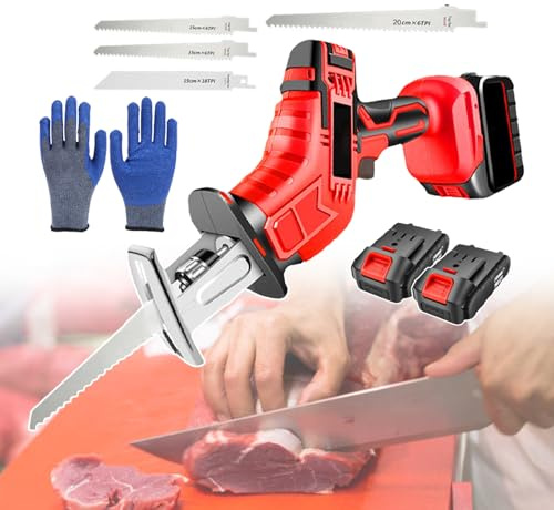 bcomedrag Elektrische Fleisch- Und Knochensäge, Fleischsäge Zum Zerlegen Zu Hause, Tragbares Säbelsägewerkzeug Zum Fleischschneiden, Mit Wiederaufladbaren Batterien, 12 Paar Handschuhen,2batteries