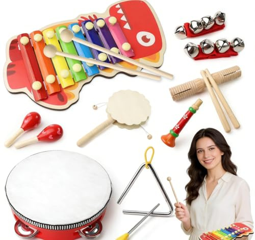 10Pcs Jouet à Percussion Tout-Petits Neutres Set, Instruments de Musique Bébés Bohèmes en Bois, Jouet Rythmique avec Xylophone Tambour Tambourines pour Enfants Garçons Filles