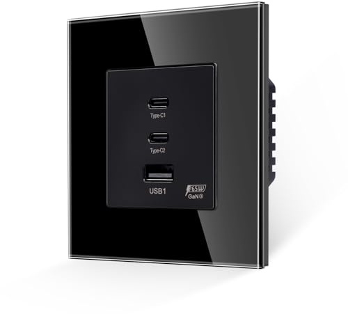 JIMEIDA Glas Steckdose Schwarz Glas 65W Schnellladung 2 Type-C und 1 USB-A Schnittstelle Unterputz Steckdose 86 * 86mm
