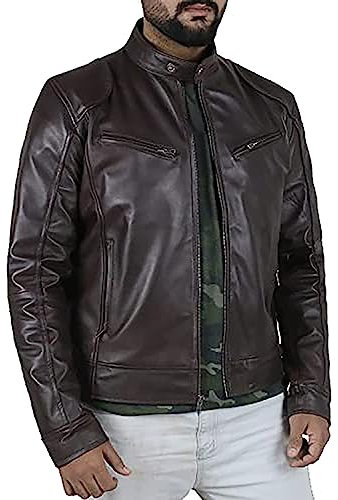 Vestes en cuir décontractées pour homme - Col montant - Avec poches zippées - Manteau uni - Coupe ajustée - Veste coupe-vent vintage - Trench-coat décontracté, marron, XXL
