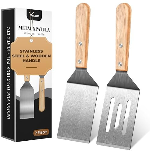 Stainless Steel Spatula Set, 2 Pieces Metal Spatula for Cast Iron Skillet, Metal Spatulas for Kitchen Use with Wooden Handle, Ideal for Frying Steak, Pancake, Cookie, Burger, Brownie or Desserts