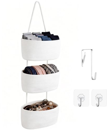 OJTOJT Hängender Organizer, Hängeorganizer Mit Haken, Wand Hängen Tasche Zum3-Tier, Hängeregal Stoff Wand aus Baumwollseil Gewebt, Für Wohnzimmer, Schlafzimmer, Bad, Kinderzimmer (Weiß)