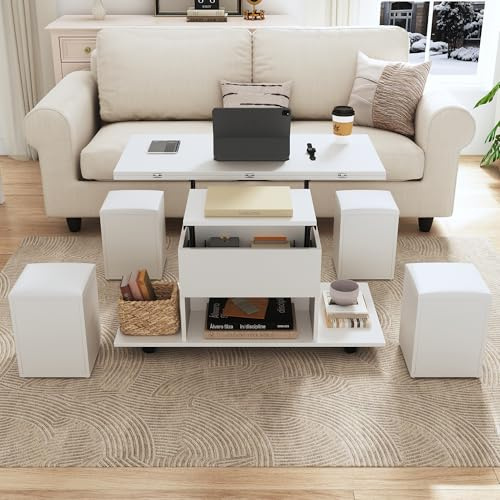 Fppuueg Mesa de Centro Elevable con Escritorio Elevable y 4 Taburetes Blandos, Mesa Central de Café con Tablero y Almacenamiento para salón, Mesa de Comedor Extensible, 100x100x64.5 cm, Blanco B