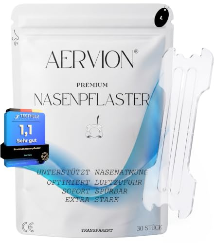 AERVION® Premium Nasenpflaster Transparent 30 Stück, Gegen Schnarchen & verstopfte Nase, Extra stark, für Sport, Besser Atmen & Schlafen, Schnarchstopper, Hautfreundlich, Nasal Nose Strips L 66x22mm