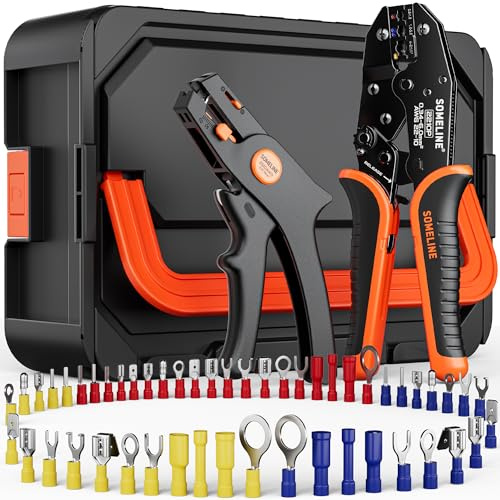 SOMELINE Jeu de pinces à sertir, 51 types de cosses isolées [0,34–6 mm²], avec pinces à cosses et pinces à dénuder automatiques – Jeu de pinces à sertir