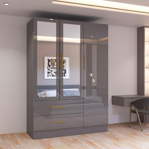 FURNITUREWAVE Modern 3 Door High Gloss Wardrobe with Mirror, Drawers & Shelves | Hinged Bedroom Closet with Hanging Rails (Grey)