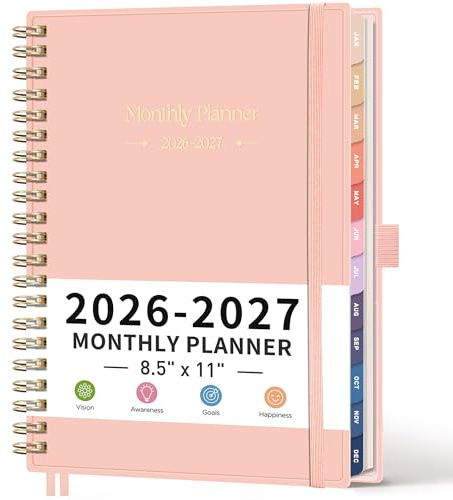 RETTACY 2026-2027 Monthly Planner, Jan 2026 - Dec 2027, Large Size (8.5 x 11), Agenda, Calendar, 24 Month Tabs, Flexible Plastic Cover, 100 GSM Thick Paper, Spiral-bound (Pink)