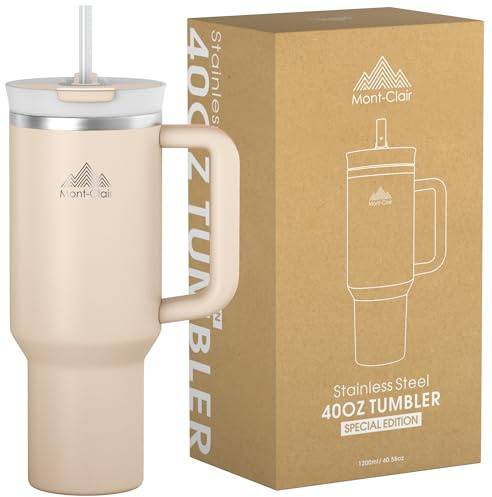 Mont-Clair 40oz Tumbler with Straw and Lid - Leakproof Insulated Stainless Steel Travel Mug with Handle - Travel Mug - Cold or Hot for 10 Hours - Iced for 48 Hours - 1200ml - Rose Quartz